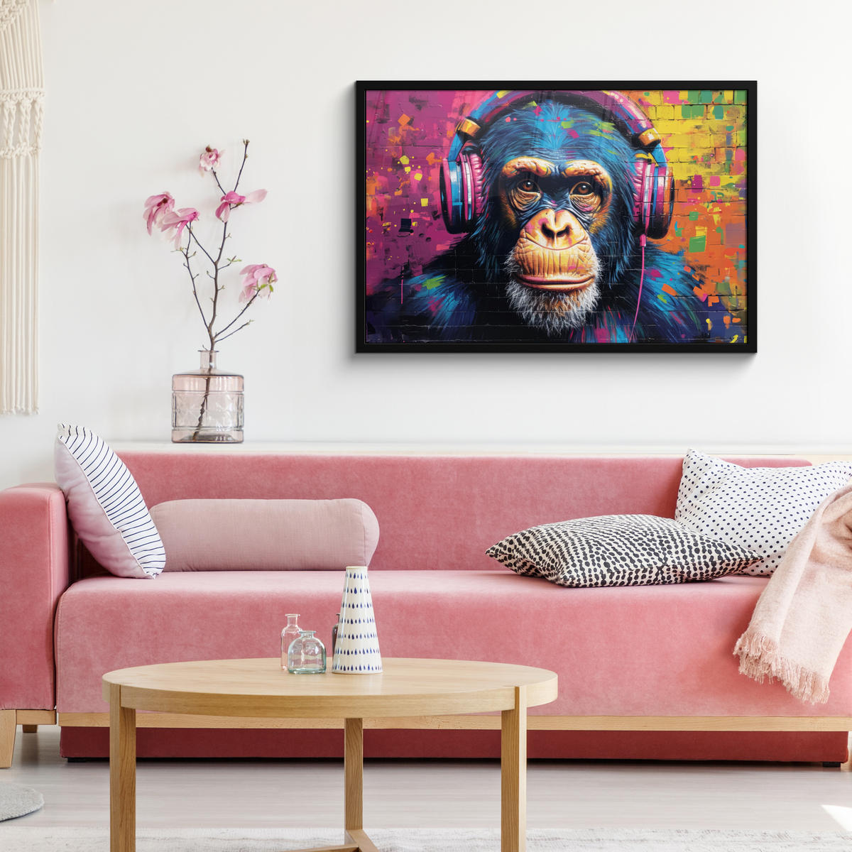 POSTER MIT RAHMEN Graffiti - Schimpanse - Straßenkunst - Kopfhörer - Affe 90x60 cm - Blau, Papier (90/60cm) - MuchoWow