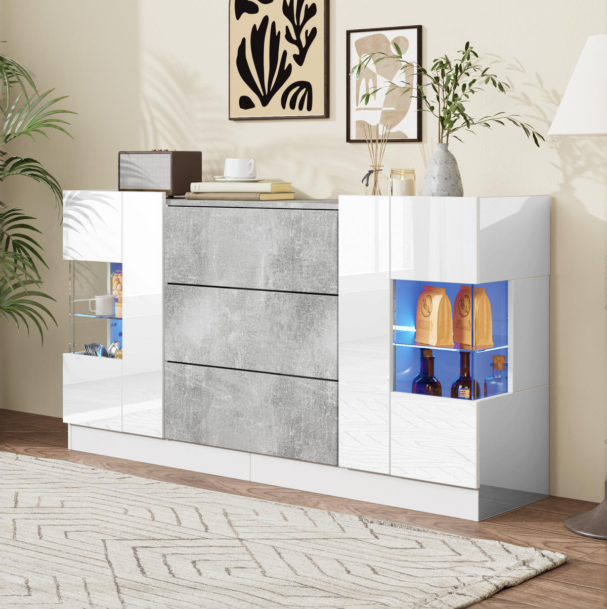 KOMMODE aus MDF, Glas & Spanplatte 140x35x75cm in Weiß mit LED - Weiß, Holzwerkstoff (140/75/35cm) - Modfu