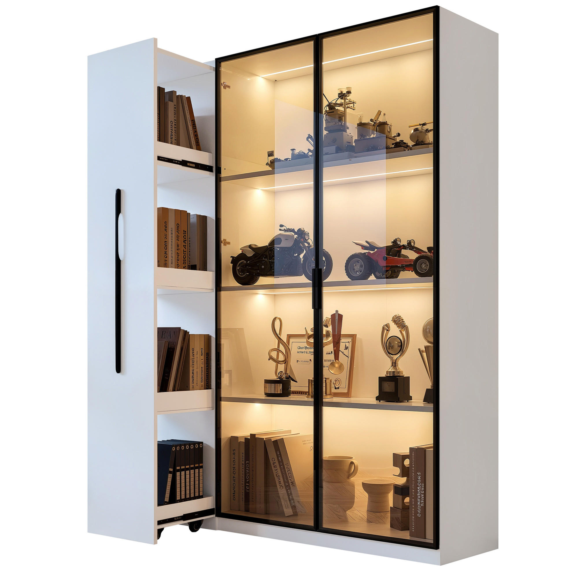 VITRINE 110,5/35/160 cm aus MDF mit LED-Vitrine und Seitenauszug Weiß - Weiß, Holzwerkstoff (110.5/160/35cm) - Modenvie