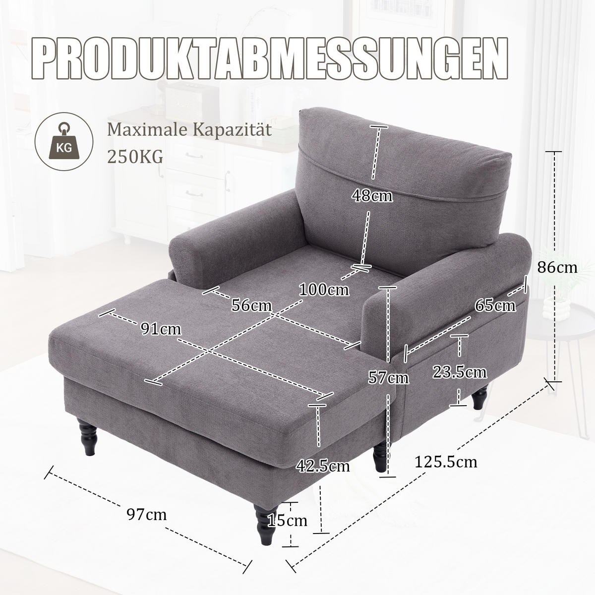 RELAXSESSEL Chenille mit Stauraum loungesesselfür Wohnzimmer Schlafzimmer Grau - Grau, Textil (97/86/125cm) - PARAFTA HOME