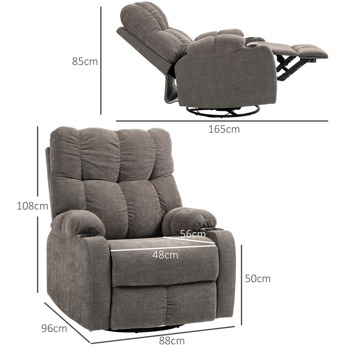 RELAXSESSEL Drehbar Fernsehsessel mit Liegefunktion, Schaukelfunktion Hellbraun - Hellbraun/Schwarz, Textil (96/108/88cm) - HOMCOM