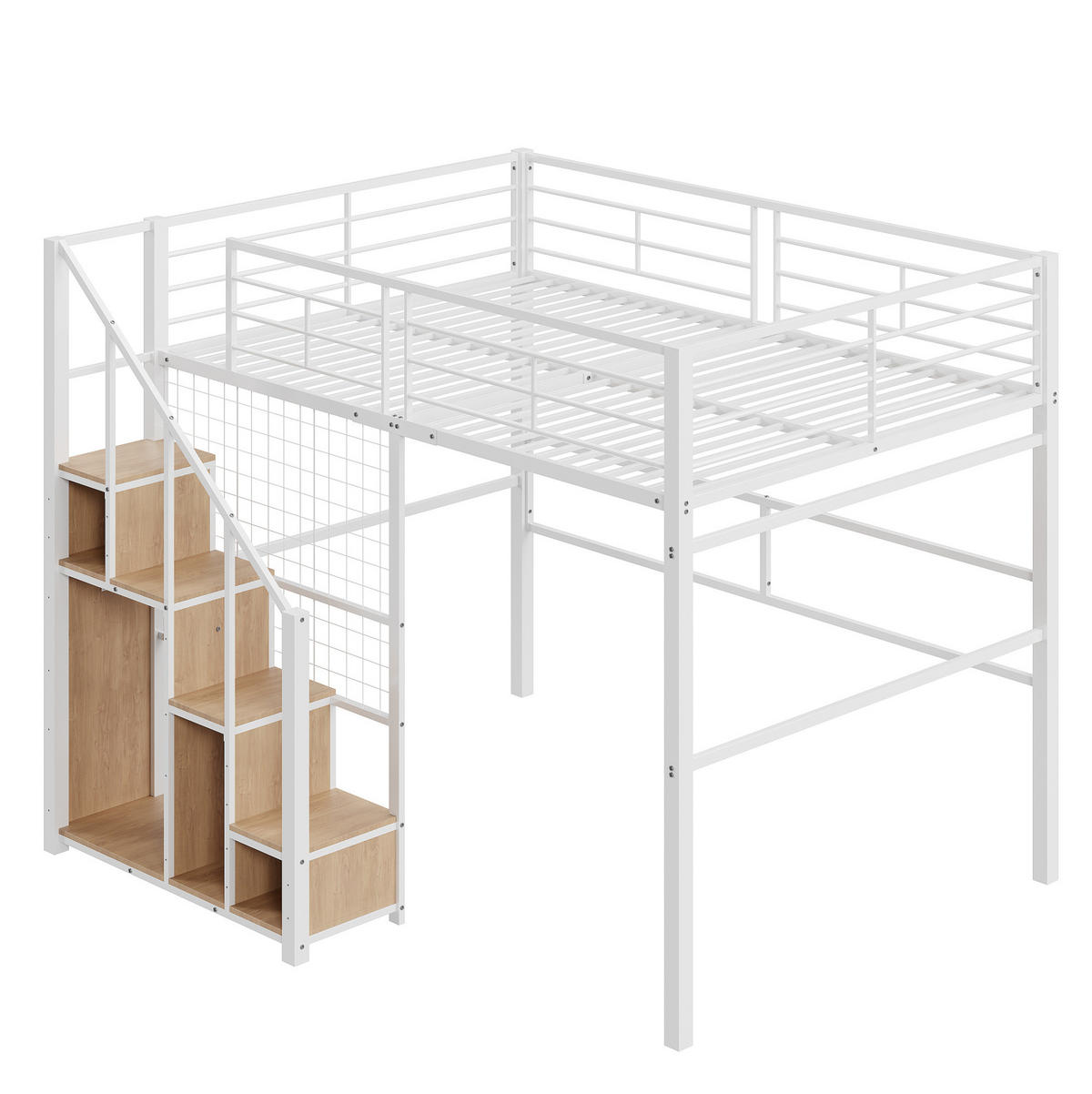 HOCHBETT 140/200 cm in Weiß mit Stauraum und Treppe aus Metall - Weiß, Metall (140/200cm) - Flora Grace