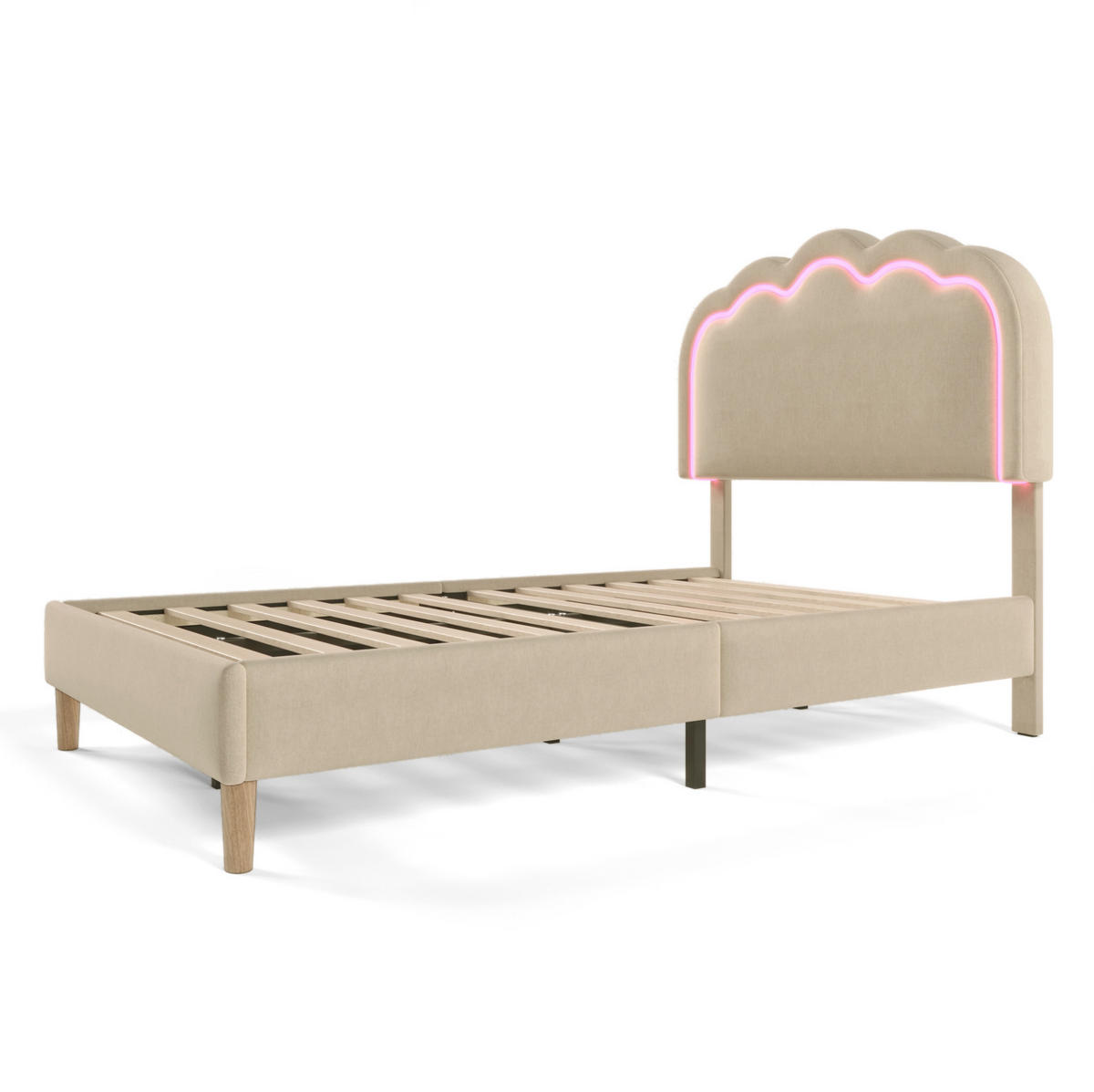POLSTERBETT aus Leinen 90x190 cm Beige mit LED-Beleuchtung und verstellbarem Kopfteil - Beige, Textil (90/200cm) - IVMEU