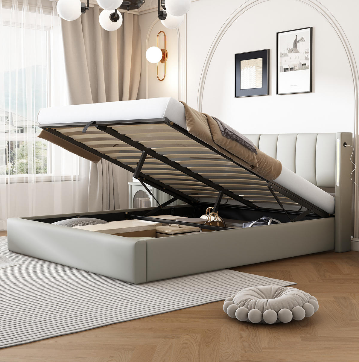 POLSTERBETT mit LED und USB 140x190 cm PU Grau - Grau, Metall (140/190cm) - Meubliv