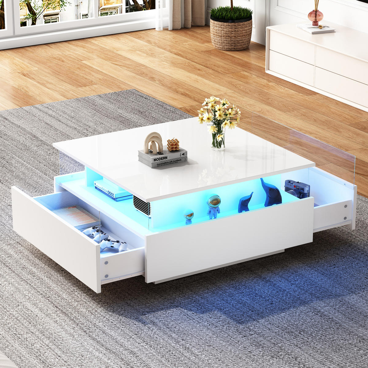 COUCHTISCH 70/70/41 cm Weiß mit LED-Beleuchtung und 2 Schubladen - Weiß, Holzwerkstoff (70/70/41cm) - OKWISH