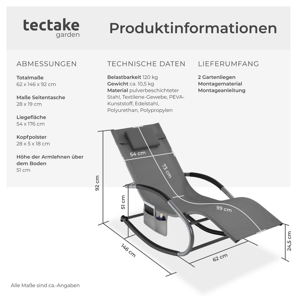 GARTENLIEGE Taya,abnehmbares Kopfpolster, seitliche Aufbewahrungstasche,grau - Grau, Kunststoff (62/92/142cm) - tectake