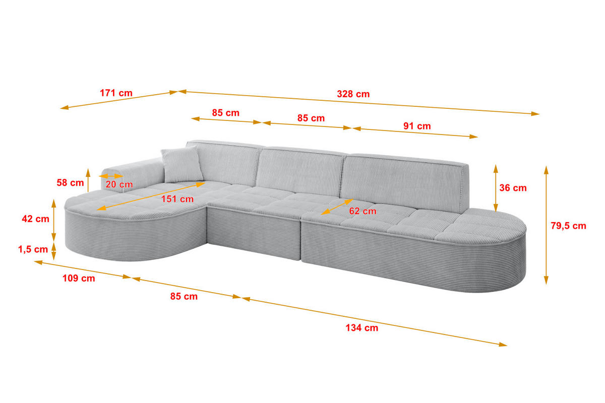 ECKSOFA Ottomane Links TARO-L2 - 328x171x79,5 cm Grau - Grau, Holzwerkstoff/Textil (328/171cm) - ALTDECOR