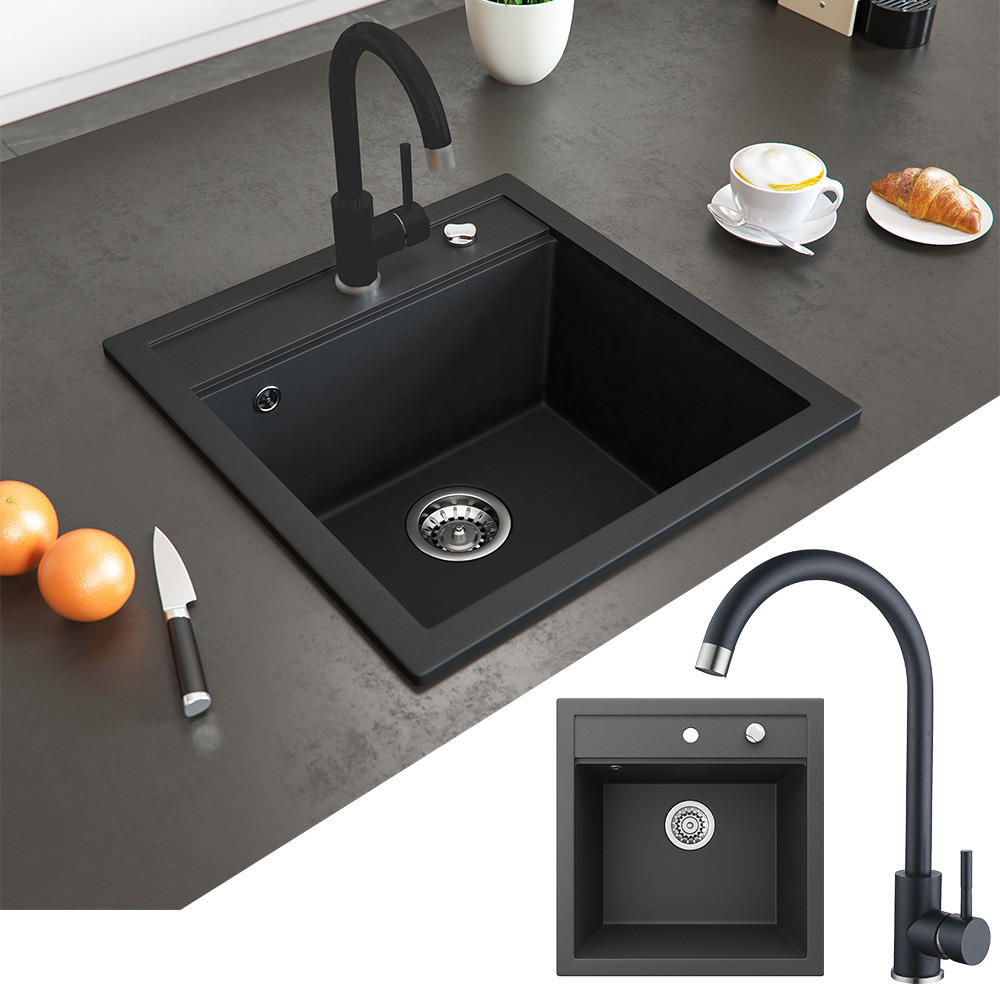 GRANITSPÜLE MIT ARMATUR Schwarz 49 x 50 cm mit Armatur Schwarz - Schwarz, Keramik (49/19/50cm) - Bergstroem