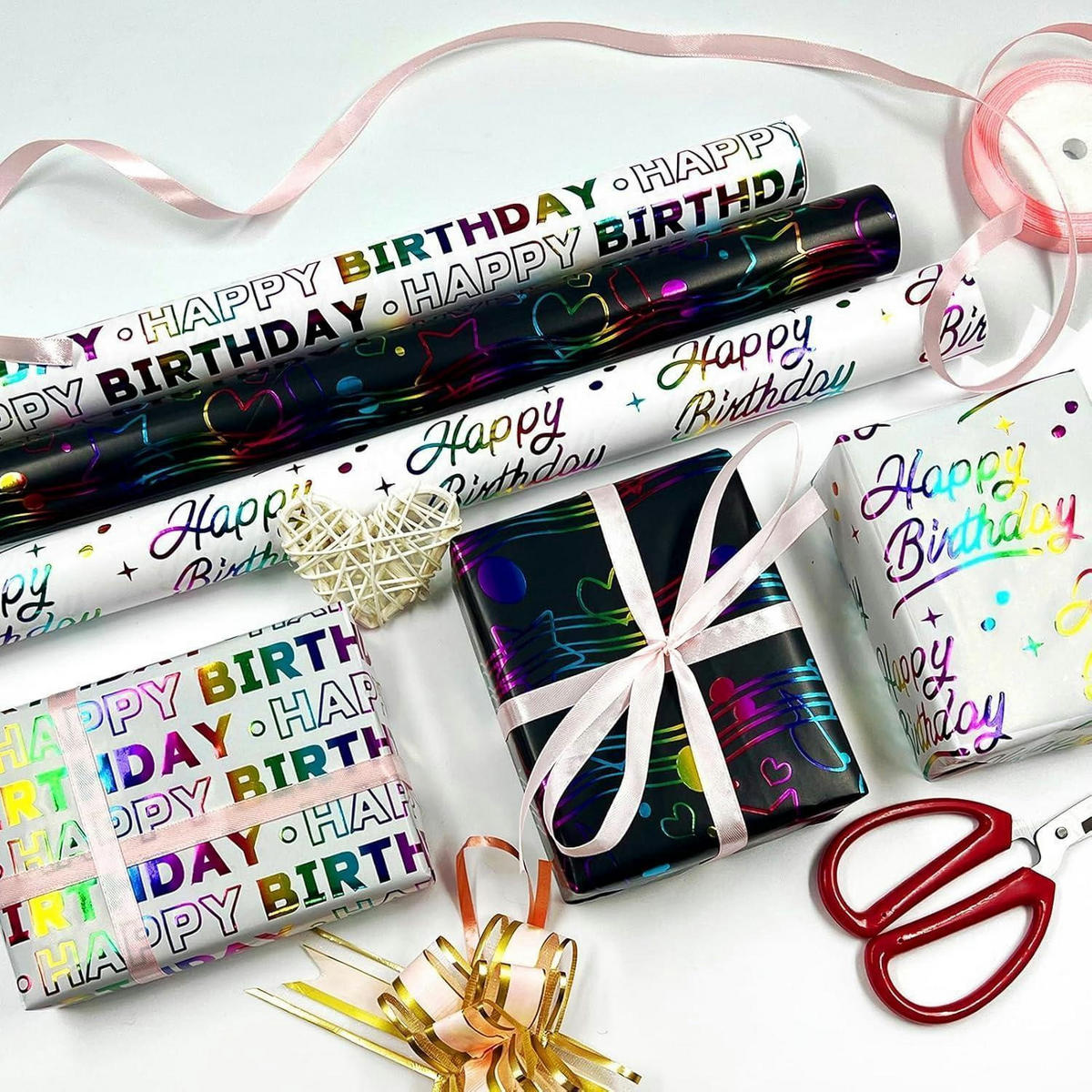 GESCHENKPAPIER 3 Rollen Set für Geburtstag, Weihnachten und Hochzeit, bunt - Multicolor, Papier (43/1/300cm)