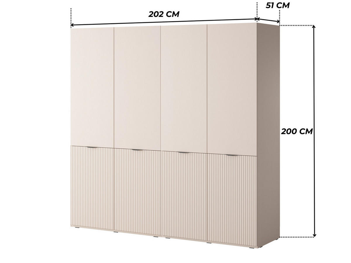 KLEIDERSCHRANK ZEN (Modular, Beige Matt, Rillenfront, 4-türig) - Beige/Schwarz, Holz/Holzwerkstoff (202/200/51cm) - Ravio