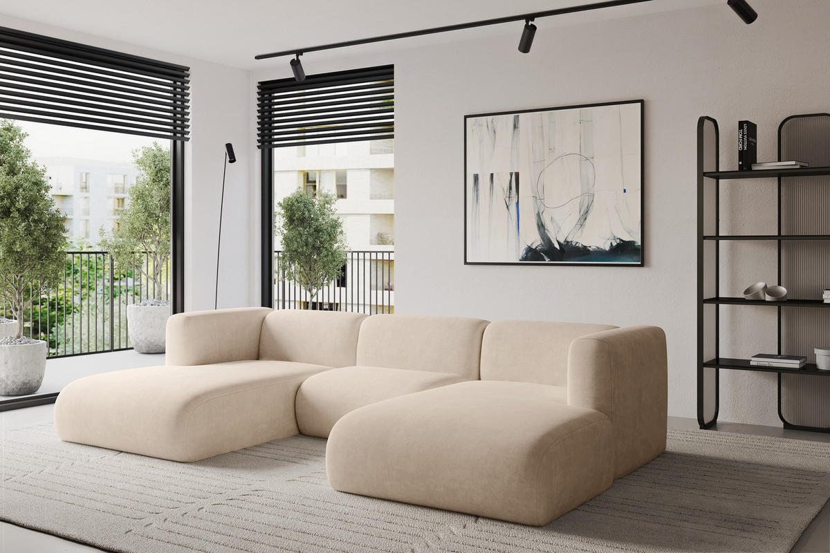 WOHNLANDSCHAFT MIRA-U1 317x179x70 Beige Velours - Greige/Beige, Holzwerkstoff/Kunststoff (317/70/179cm) - ALTDECOR