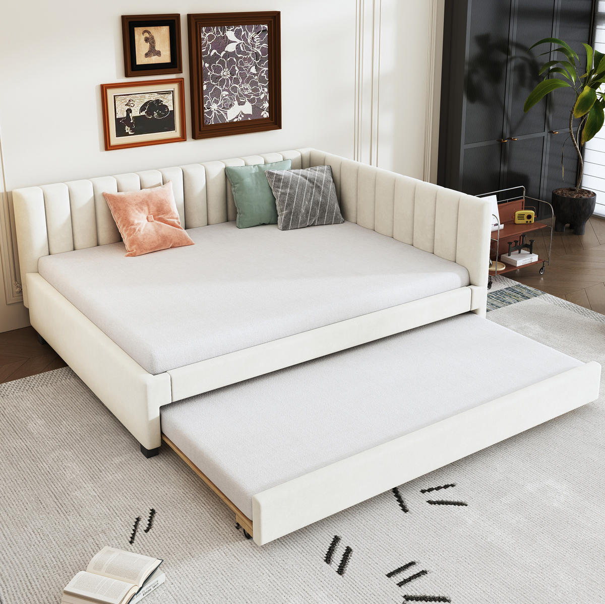 POLSTERBETT 140/200 cm mit ausziehbarem Bett und Kopfteil Samt Beige - Beige, Leder (140/200cm) - OKWISH