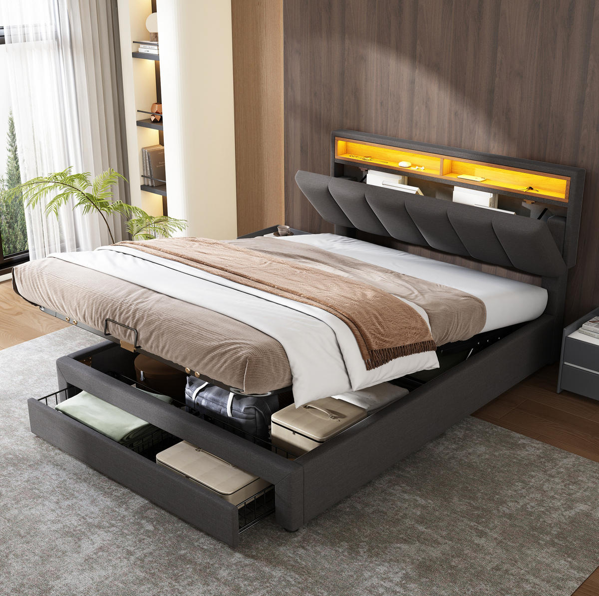 POLSTERBETT 140/200 cm mit LED-Beleuchtung, Lattenrost und Stauraum, Leinenoptik, Grau - Grau, Textil (140/200cm) - Redom