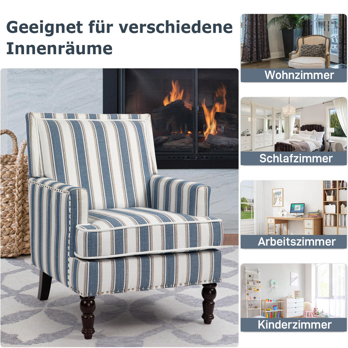 SESSEL in Blau-Weiß gestreift aus Baumwoll-Leinen mit Holzgestell,69/69/89 cm - Blau, Textil (69/89/69cm) - BEAOK