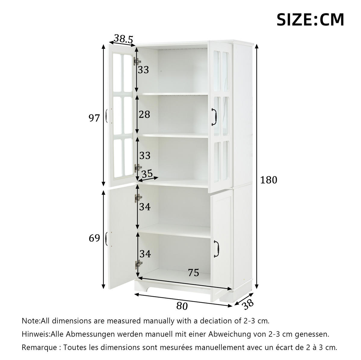 VITRINENSCHRANK 80 x 38 x 180 cm Weiß mit 4 Türen Landhausstil - Weiß, Holzwerkstoff (38/180/80cm) - Beauniv