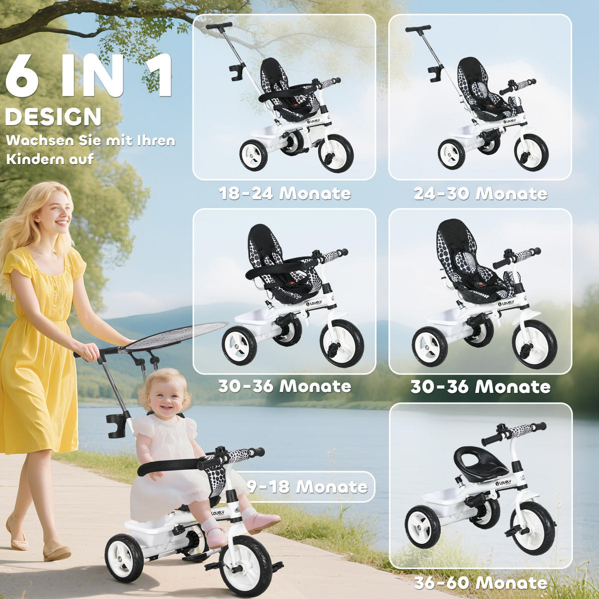6-IN-1 Dreirad mit Schubstange, Kinderdreirad mit abnehmbarem Sonnendach Weiß - Weiß, Metall (105/47/98cm) - HOMCOM