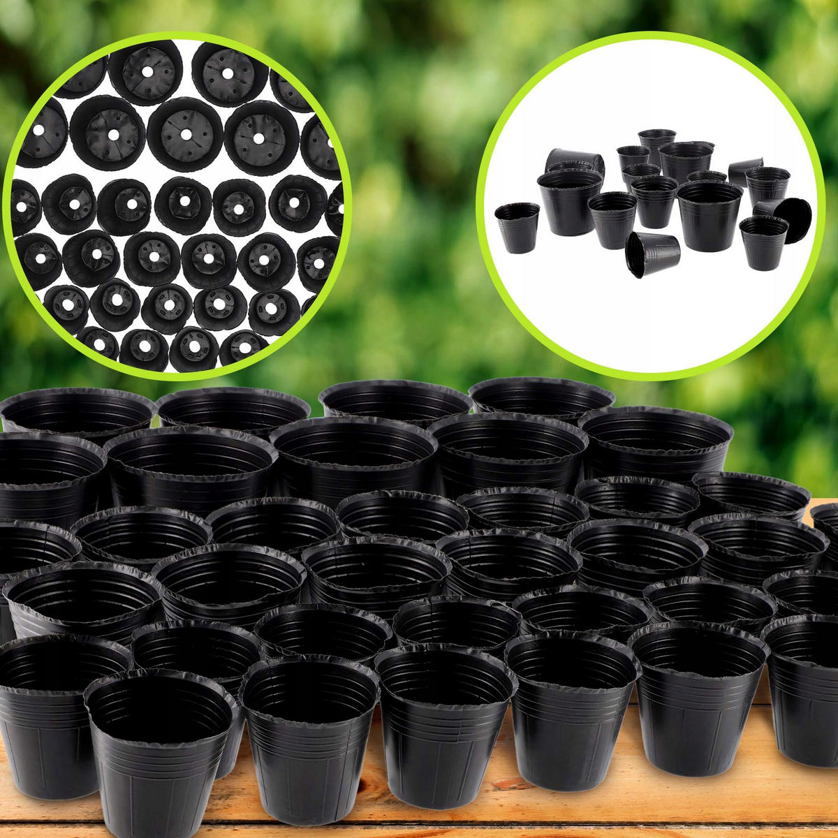 BLUMENTOPF für Setzlinge, 200 Stück - 100x ∅ 6cm und 100x ∅ 9,5cm, Schwarz - Schwarz, Kunststoff - KADAX