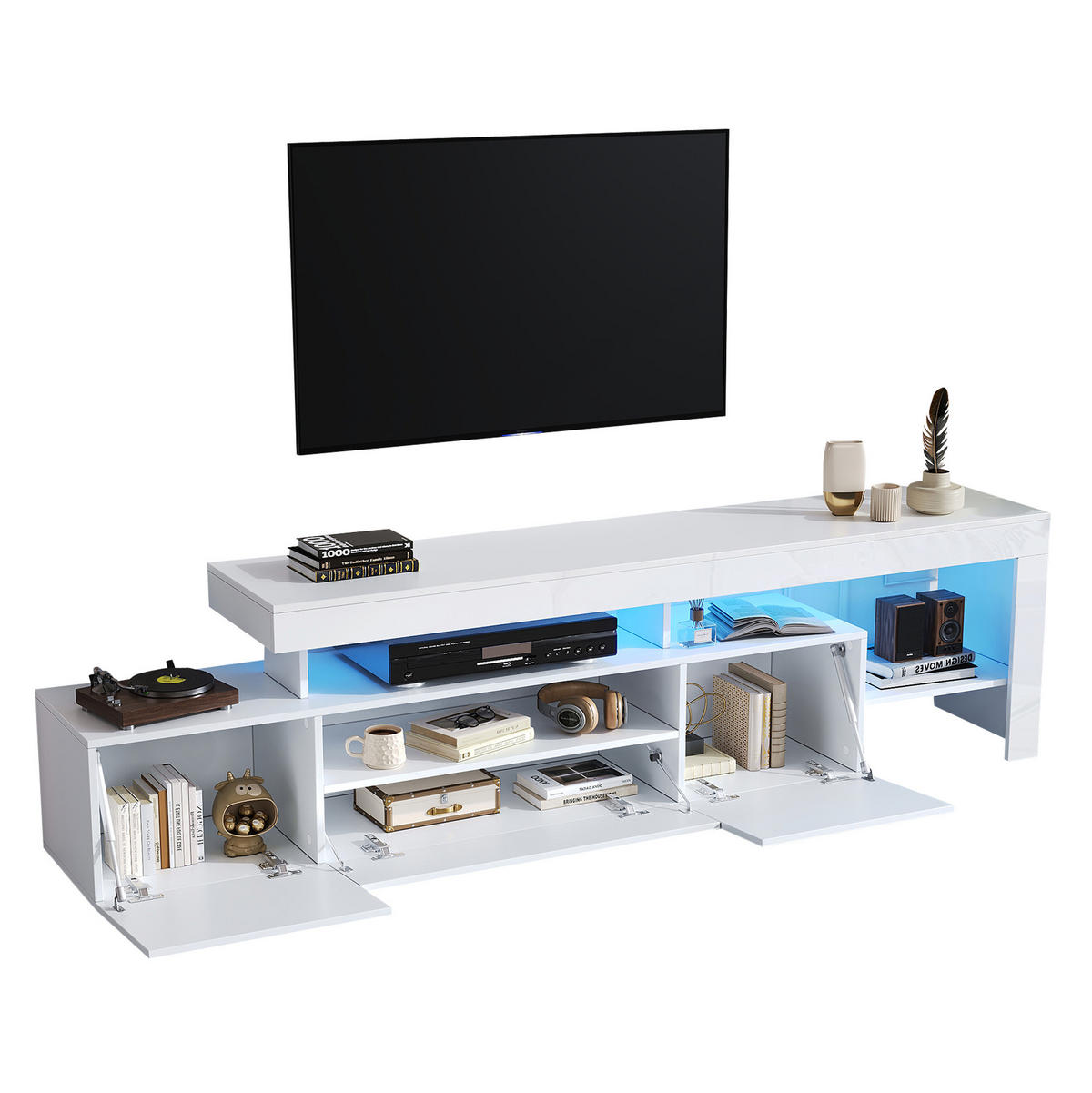 TV-LOWBOARD aus Spanplatte 192x37x53 cm Weiß mit LED-Beleuchtung für Fernseher bis 85 Zoll - Weiß, Holzwerkstoff (192/53/37cm) - IVMEU