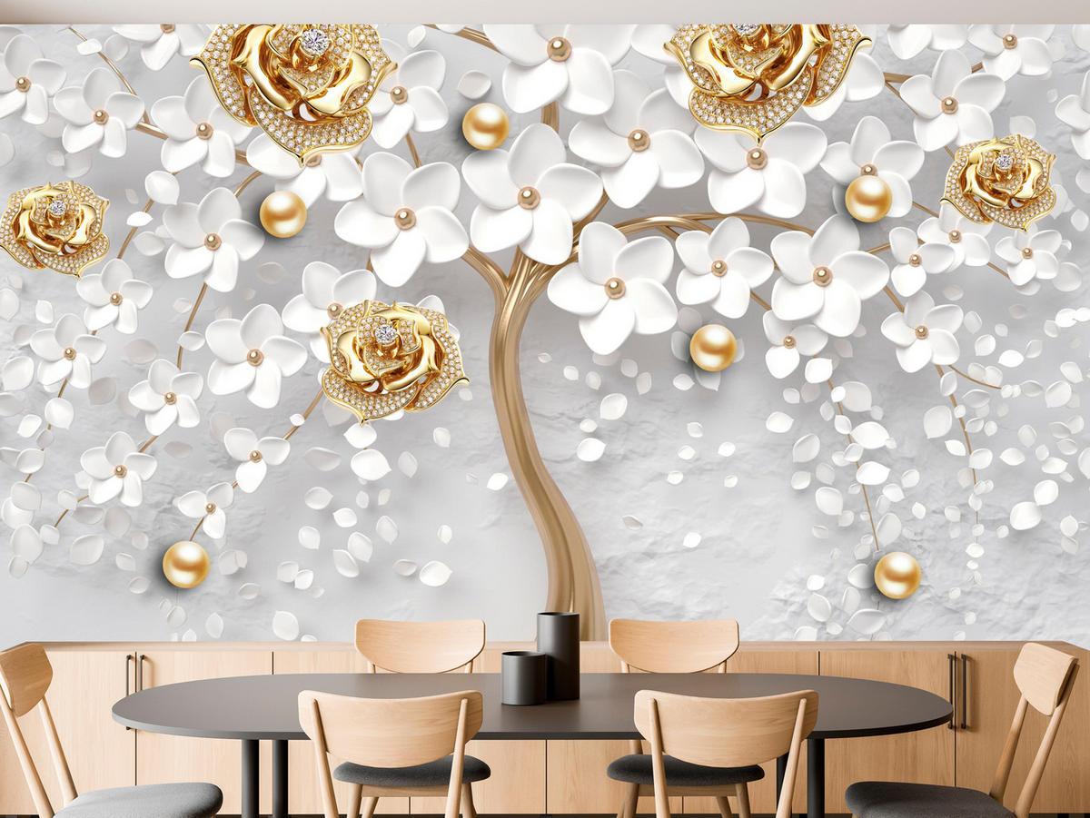 FOTOTAPETE für Wohnzimmer Abstrakte Rosen Baum Blumen Räumliche Äste Zweige 100x70 - Gelb/Weiß, Papier (100/70cm) - Muralo