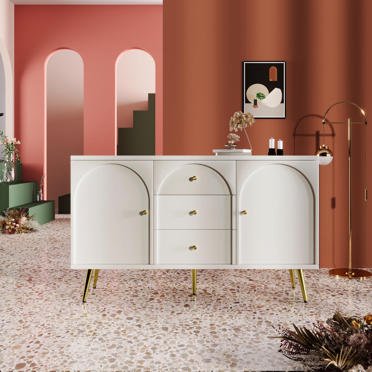 KOMMODE mit 2 Türen, 3 Schubladen und verstellbaren Einlegeböden, 140 x 84 x 40 cm, Cremeweiß, Holz und Metall - Creme, Holzwerkstoff (140/40/84cm) - SONNENH