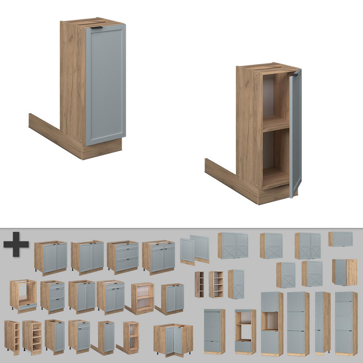 KÜCHENINSEL Fame-Line Hellblau-grau 30 cm ohne AP - Honigeiche/Blaugrau, Holzwerkstoff (30/82/70cm) - Vicco