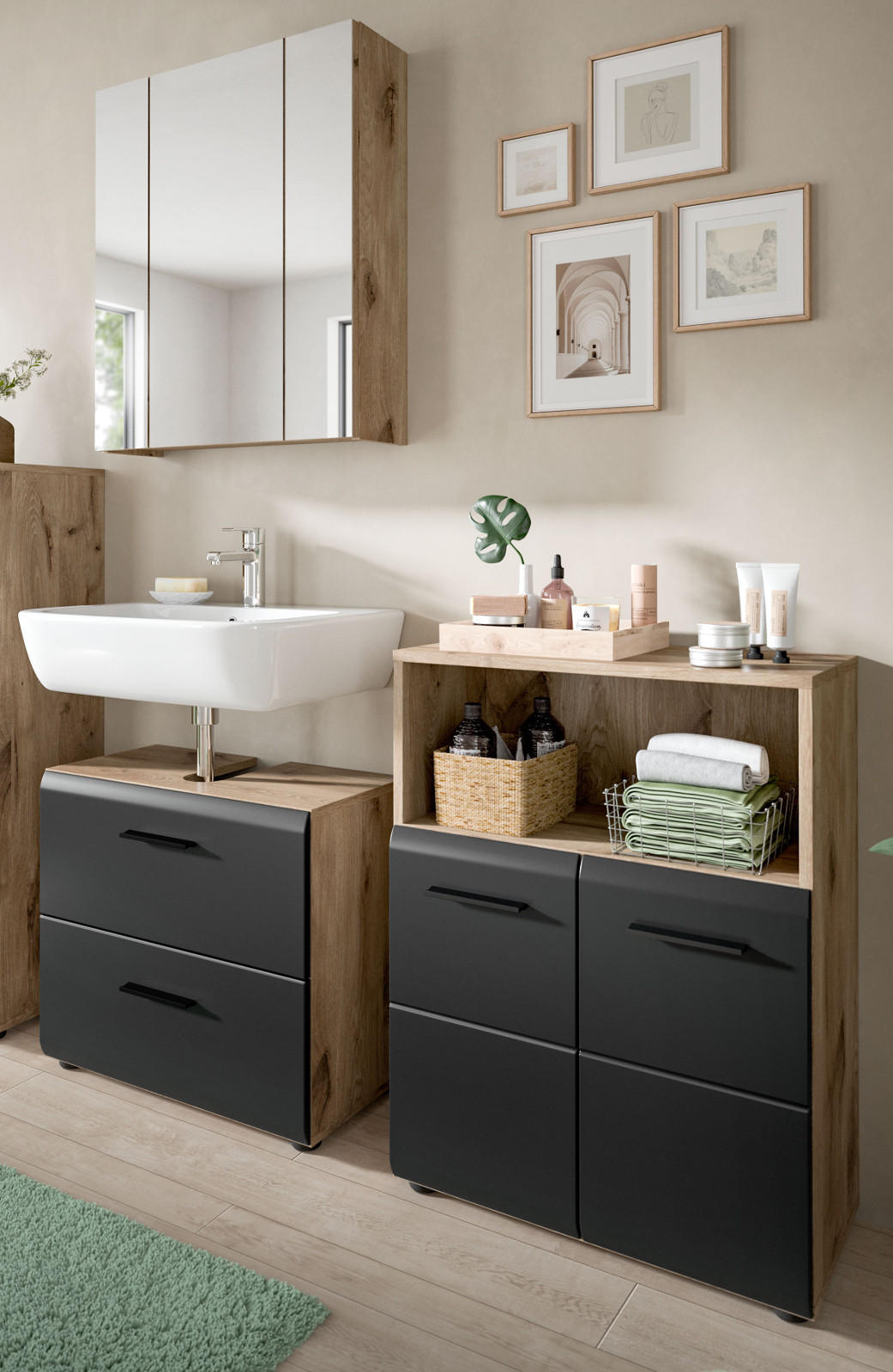 Thumbnail - Inn.Furn Badmöbel-Set, Eiche, Schwarz, Kunststoff, Nachbildung,Eiche, Uni, 7 Fächer, 2 Schubladen, einzeln stellbar,Rech...