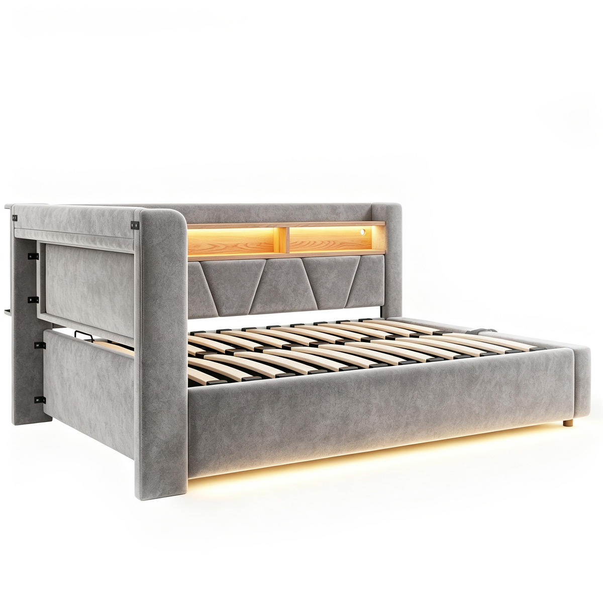 BOXBETT 140/200 mit LED/Regal/USB/Bettkasten, Samt, Grau - Grau, Holz (140/200cm) - LVHOM