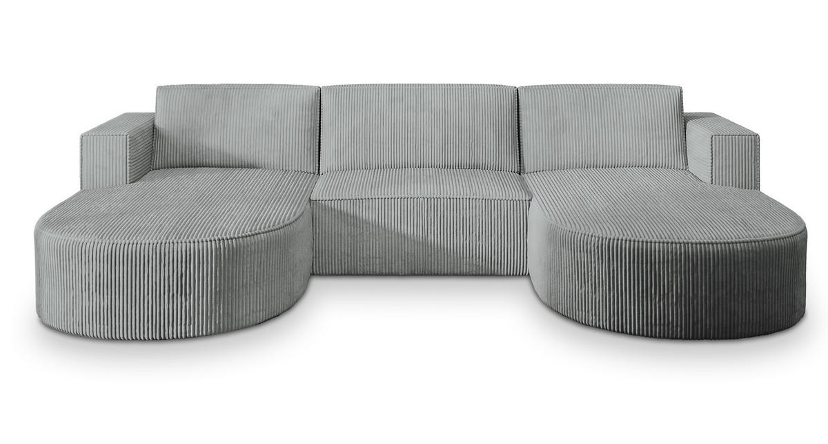 WOHNLANDSCHAFT VEZZO P Hellgrau Kordstoff mit Schlaffunktion - Hellgrau, Holz (347/85/174cm) - MASSENO