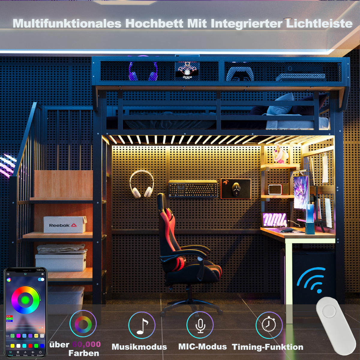 HOCHBETT 90x200cm Metall Schreibtisch LED Steckdose Schwarz - Schwarz, Metall (90/200cm) - FLIEKS