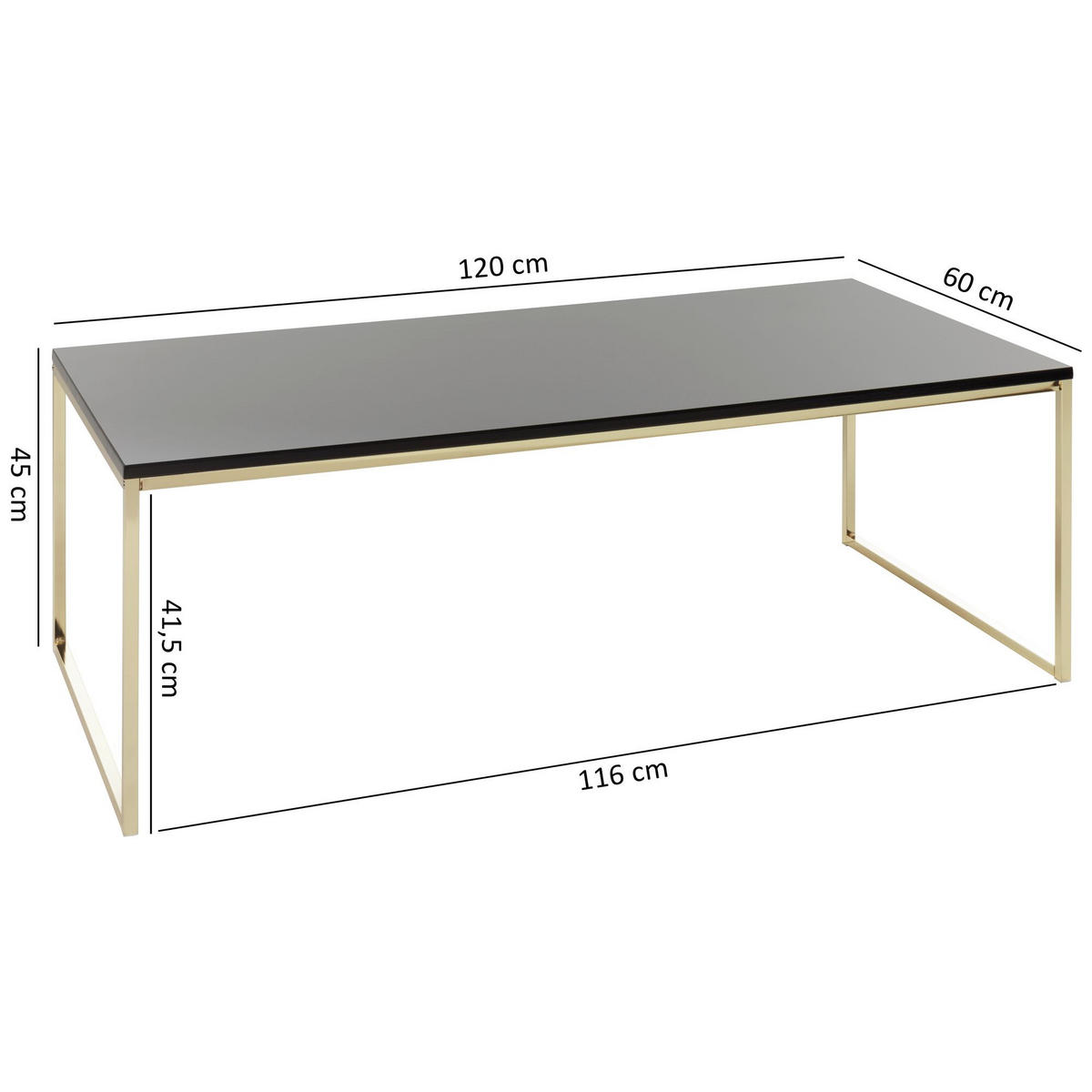 COUCHTISCH RIVA, Schwarz, Metall und Holz, Filigrane Beine, Maße 120x45x60 cm - Goldfarben/Schwarz, Holz/Metall (60/120/45cm) - KADIMA DESIGN
