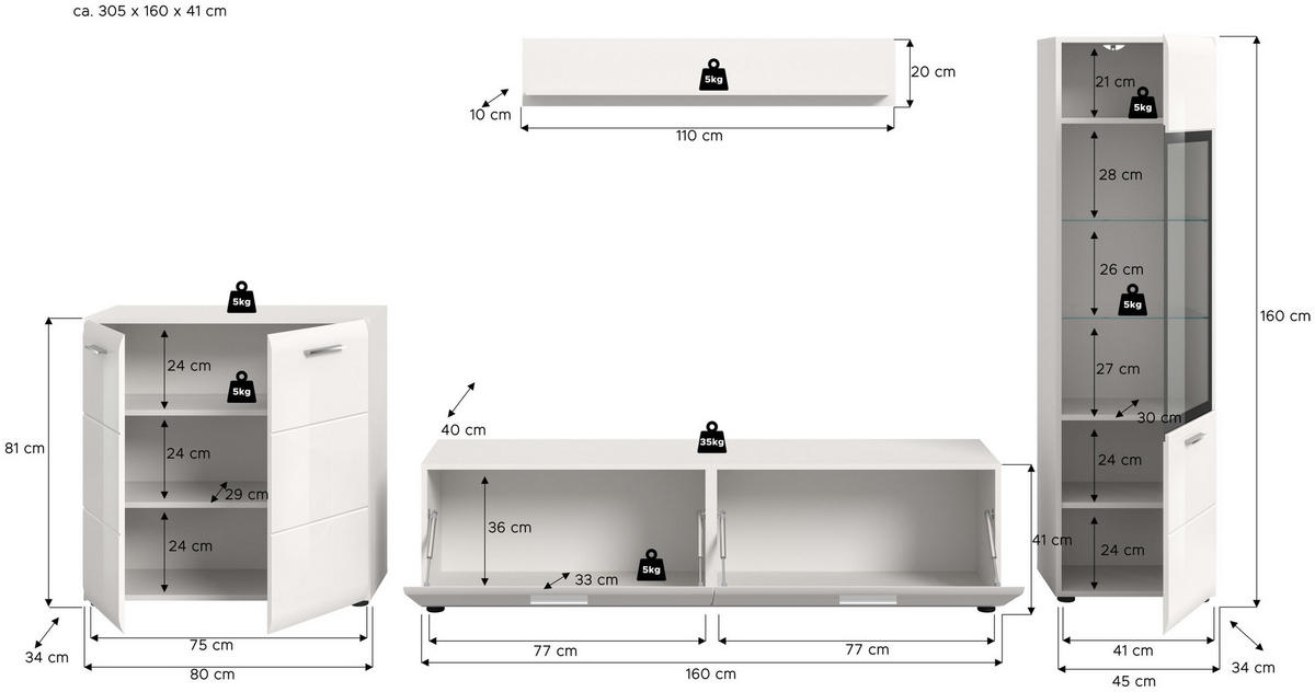 WOHNWAND Ice weiß hochglanz 305/160/41 cm - Weiß, Holzwerkstoff (305/160/41cm) - Xonox