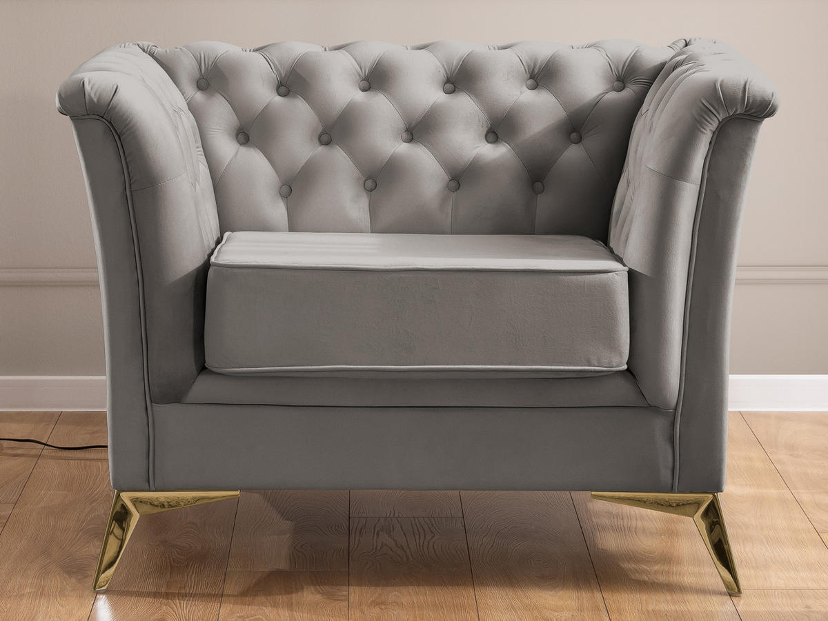 SITZGARNITUR 3+1 Chesterfield Whitby Grau Samt mit goldenen Füßen - Goldfarben/Grau, Holz/Textil (237/78/82cm) - S-Style Möbel