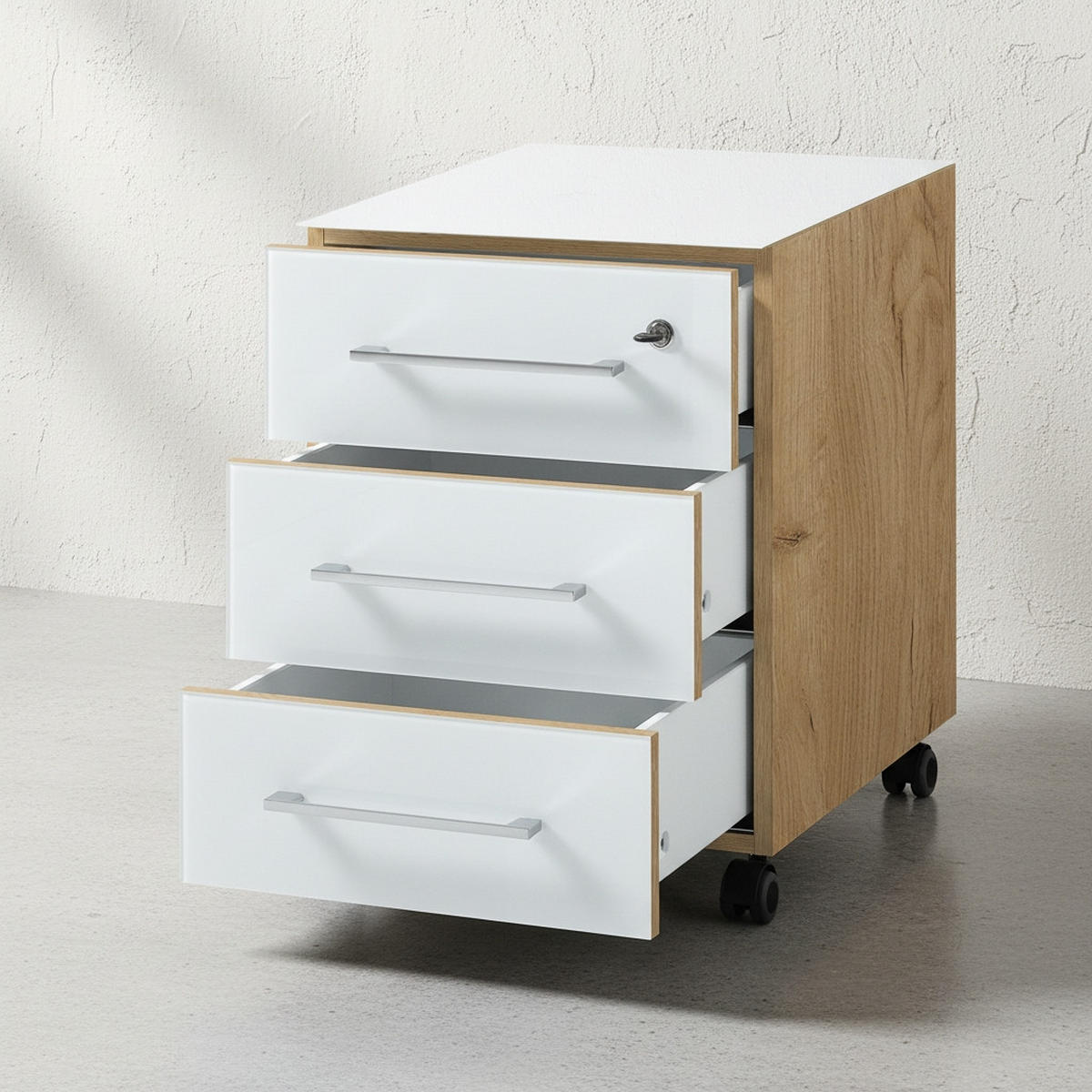 SCHREIBTISCH-SET MUENCHEN 160x80 cm | Glasplatte & Container | Chalet-Eiche-Nb./Weiß - Weiß, Glas/Metall (80/160/75cm) - KADIMA DESIGN