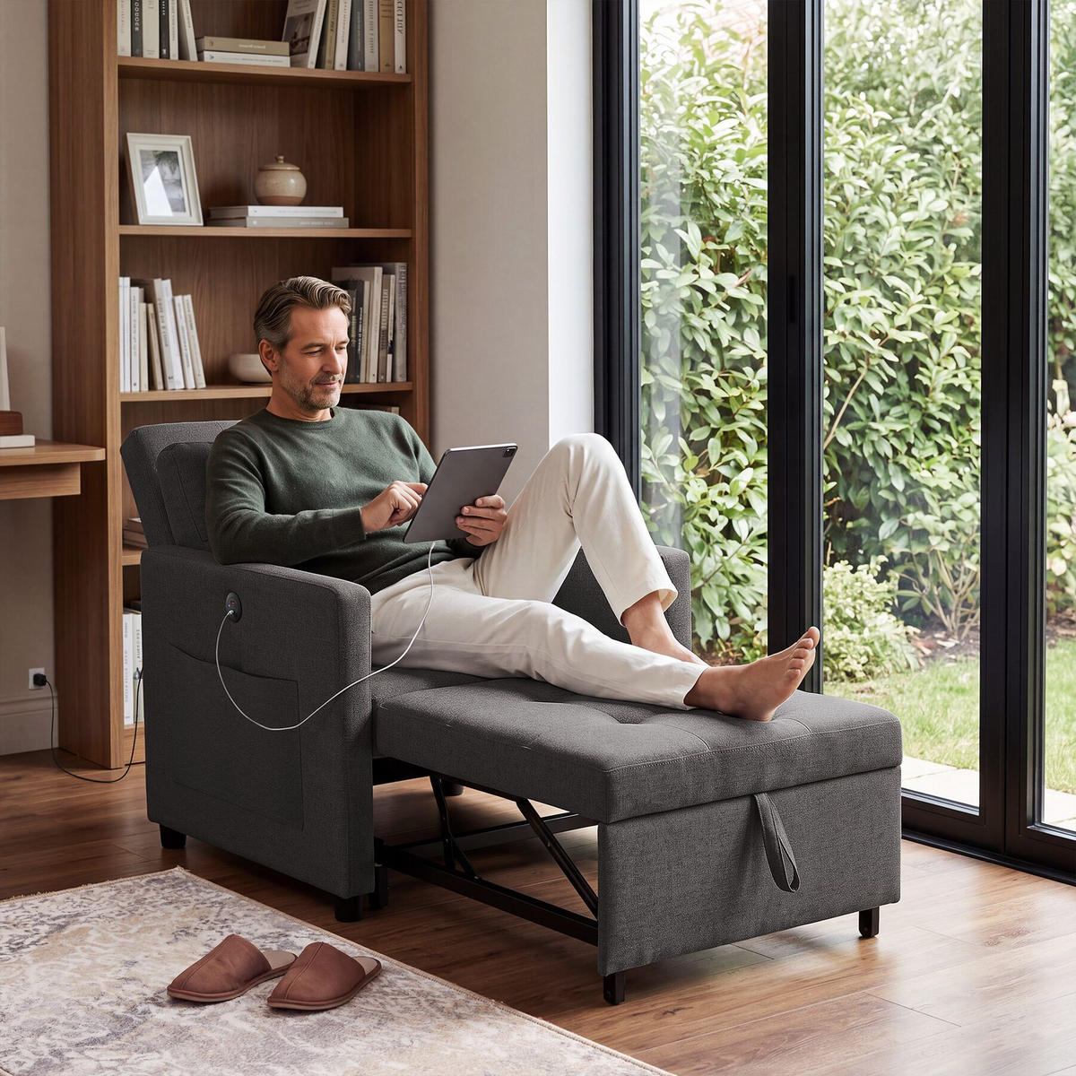 SCHLAFSESSEL Toyama, 82 x 80 x 86 cm, Belastbarkeit 150 kg, dunkelgrau - Dunkelgrau, Textil (82/86/144cm) - tectake