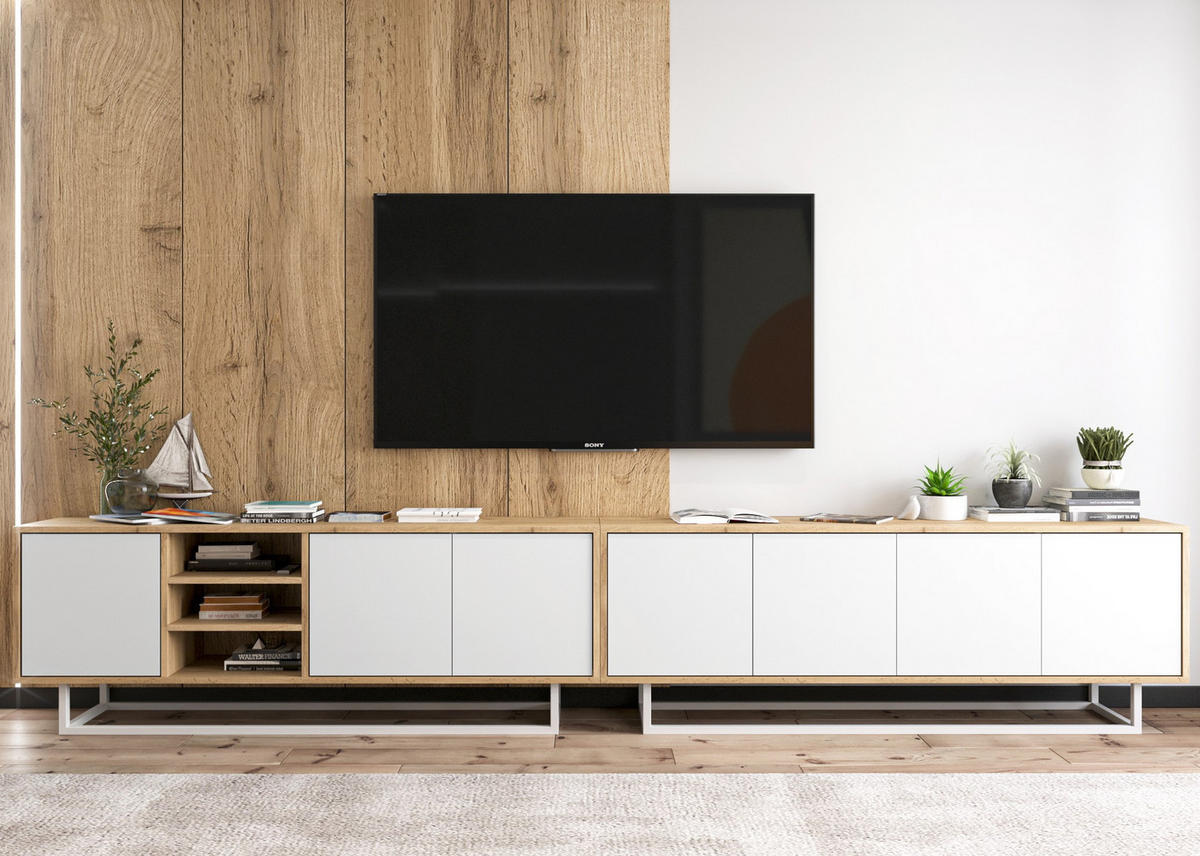 TV-SCHRANK 2-er Set Apollo Eiche wotan Weiß Matt 150 cm - Schwarz/Weiß, Holzwerkstoff/Metall (300/53/35cm) - Meble Lindner