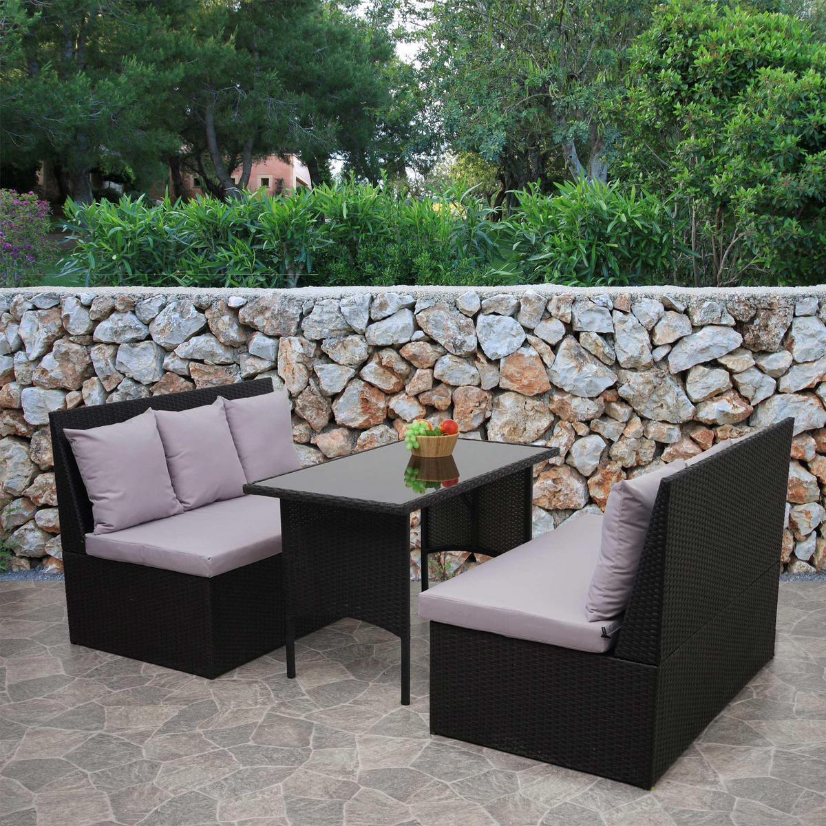 POLY-RATTAN GARNITUR Schwarz - Schwarz, Kunststoff - MCW