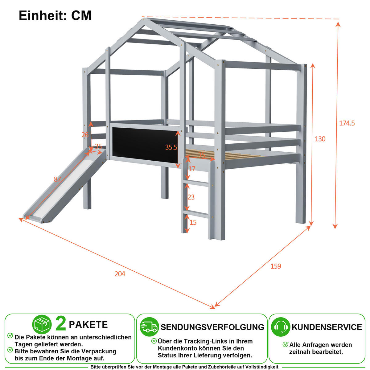 HOCHBETT 90/200 cm in Grau mit Rutsche, Tafel und Leiter aus Massivholz - Grau, Holz/Holzwerkstoff (90/200cm) - CHICFURN