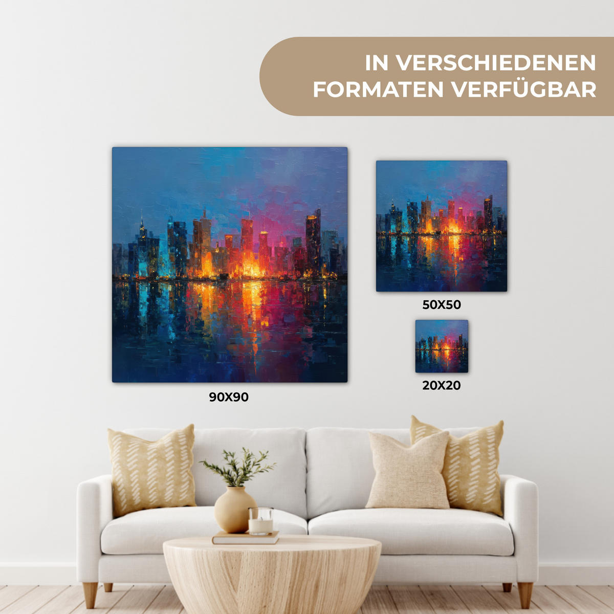 LEINWANDBILD Skyline - Pinselstriche - Dunkelblau - Leuchtend Wandbild Wohnzimmer 50x50 cm - Blau, Textil (50/50cm) - MuchoWow
