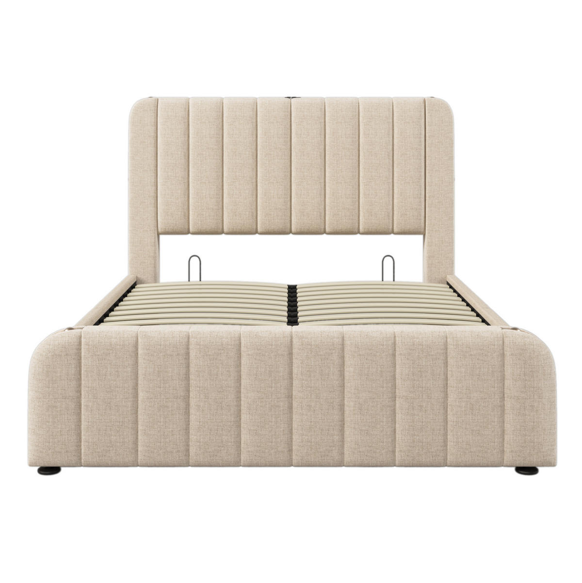 ČALOUNĚNÁ postel 140/200 cm béžová z lnu s USB-C nabíjením a úložným prostorem - béžová, textil (140/200cm) - OKWISH