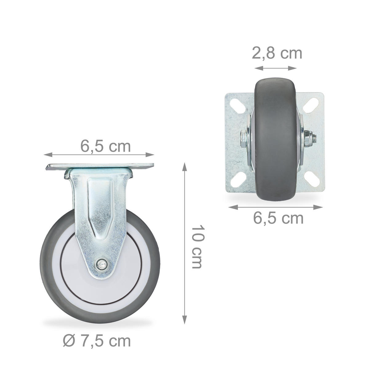 HJUL grå silver 4-pack fast 75 mm TPR - Multicolor, Plast/Metall (7.5/10/6.5cm) - Relaxdays