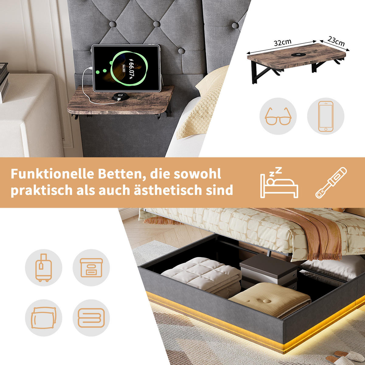 POLSTERBETT 160x200 cm Grau mit RGB-LED, Stauraum, USB-C & kabellosem Laden, Leinenbezug - Grau, Holz (160/200cm)