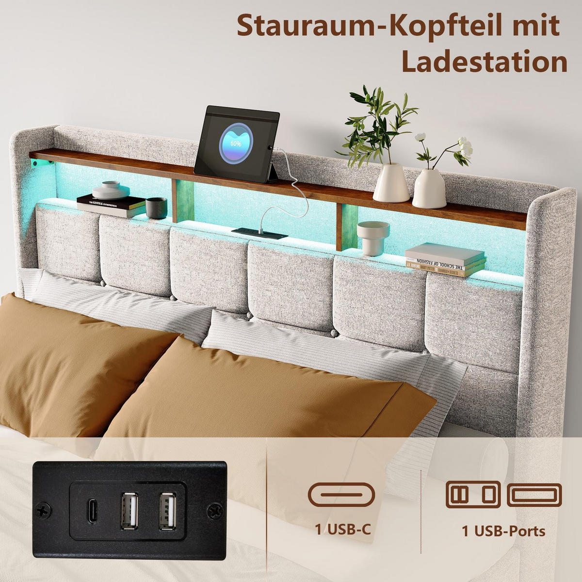 POLSTERBETT 140/200cm, mit 4 Schubladen, LED, USB-Anschluss, aus Leinen, beige - Beige, Holzwerkstoff (140/200cm) - Brevoria