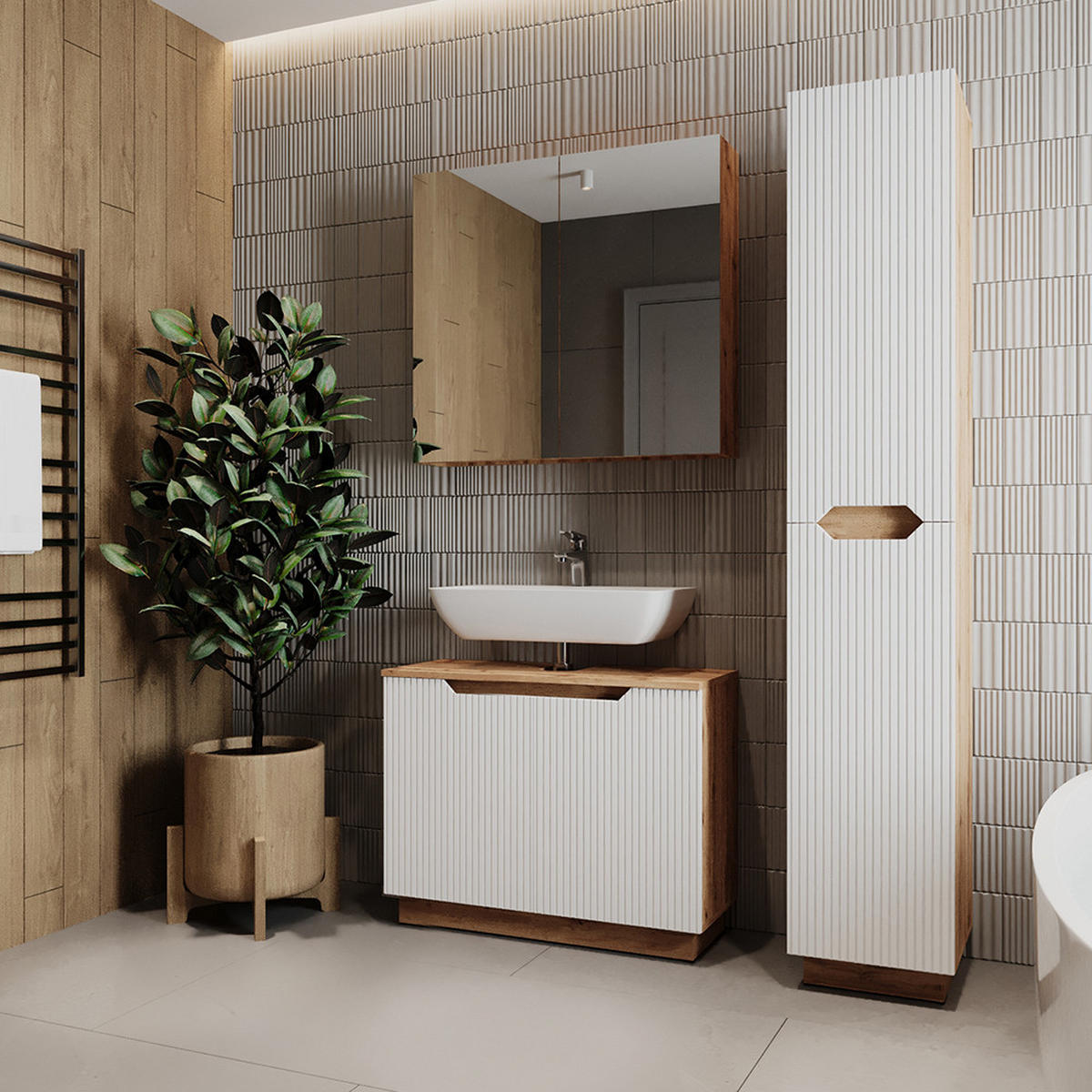 BADMÖBEL-SET Lotta Eiche/weiß gestreift 3 Teile - Eichefarben/Weiß, Holzwerkstoff (79.6/62.5/32cm) - Vicco