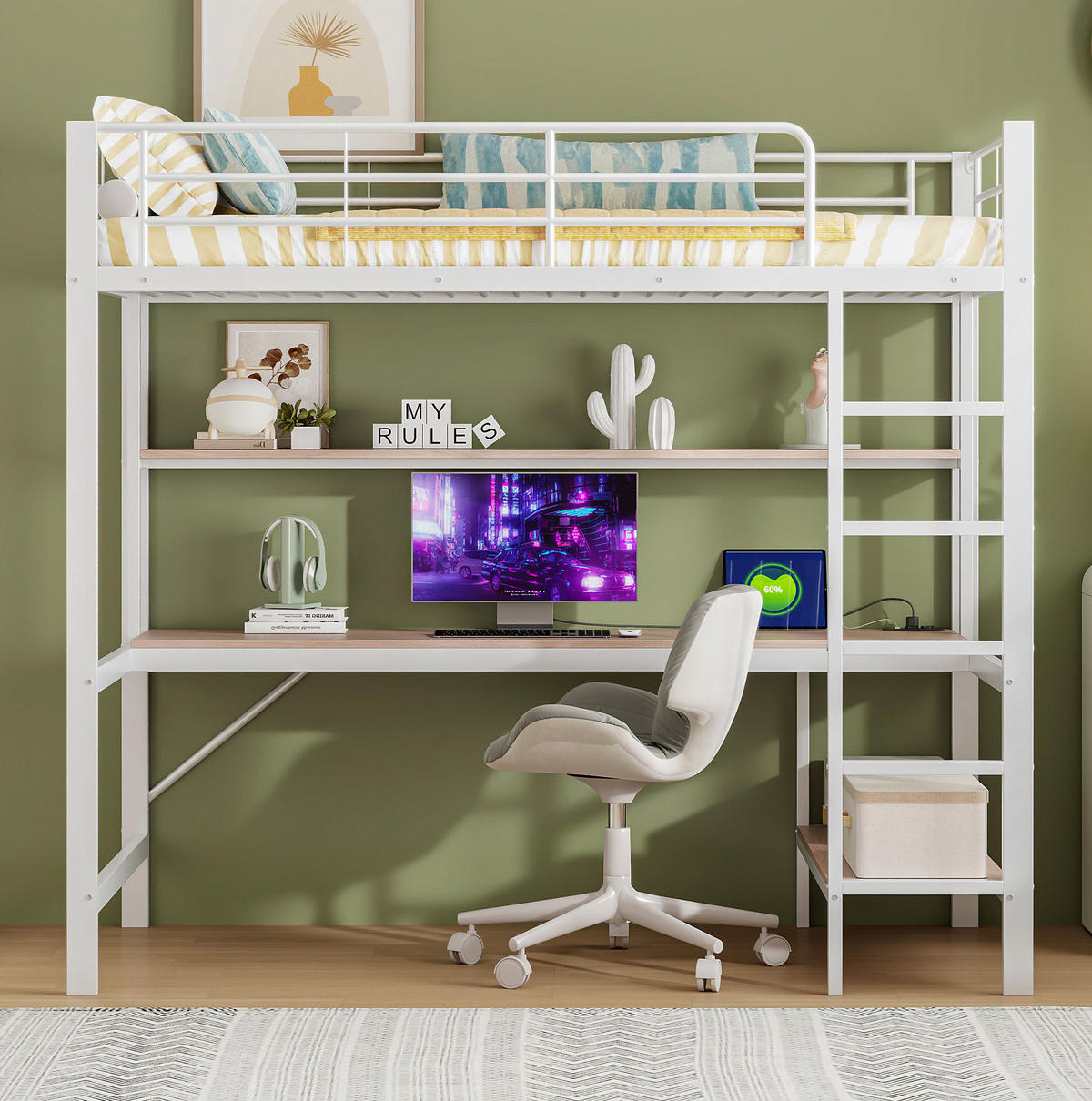 HOCHBETT 90/200 cm in Weiß mit LED-Beleuchtung, Schreibtisch und Regal - Weiß, Metall (90/200cm) - Flora Grace