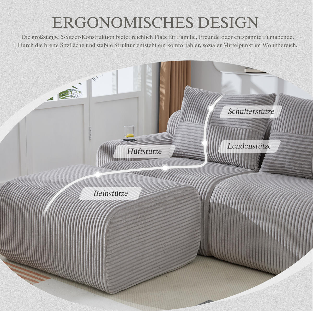 MODULARES 3-Sitzer Sofa Cordstoff mit Getränkehalter und Seitentasche 268/174/80 cm Hellgrau - Hellgrau, Textil (174/268cm) - Redom