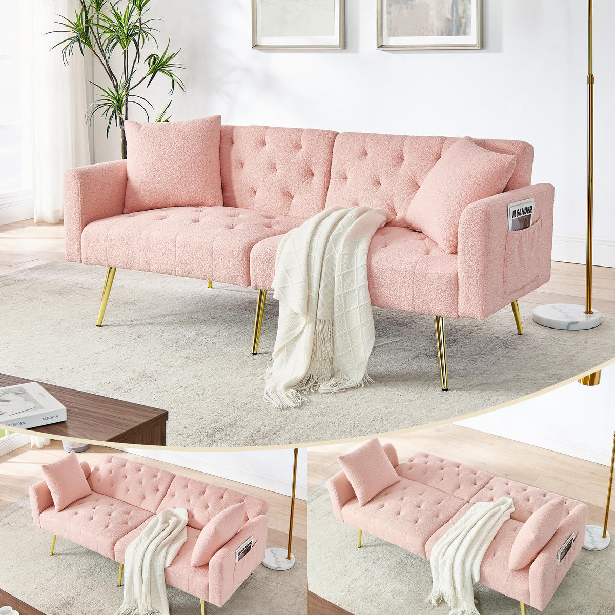 SCHLAFSOFA 177/78/74 cm in Pink Teddyfell mit Aufbewahrungstasche - Rosa, Textil (177/74/78cm) - Oxeza