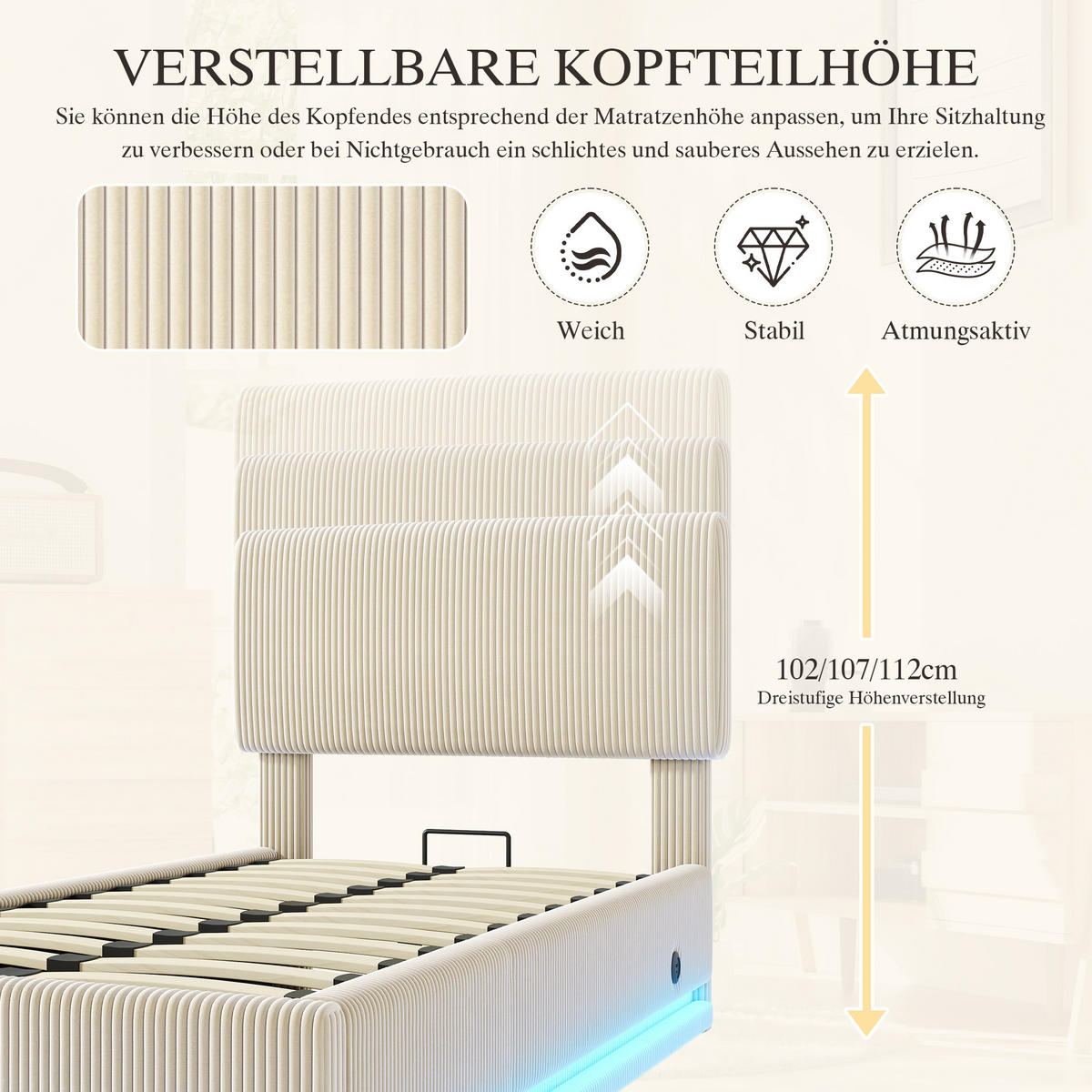 POLSTERBETT 90x200 cm LED USB Stauraum beige - Beige, Textil (90/200cm) - LEBENLANG