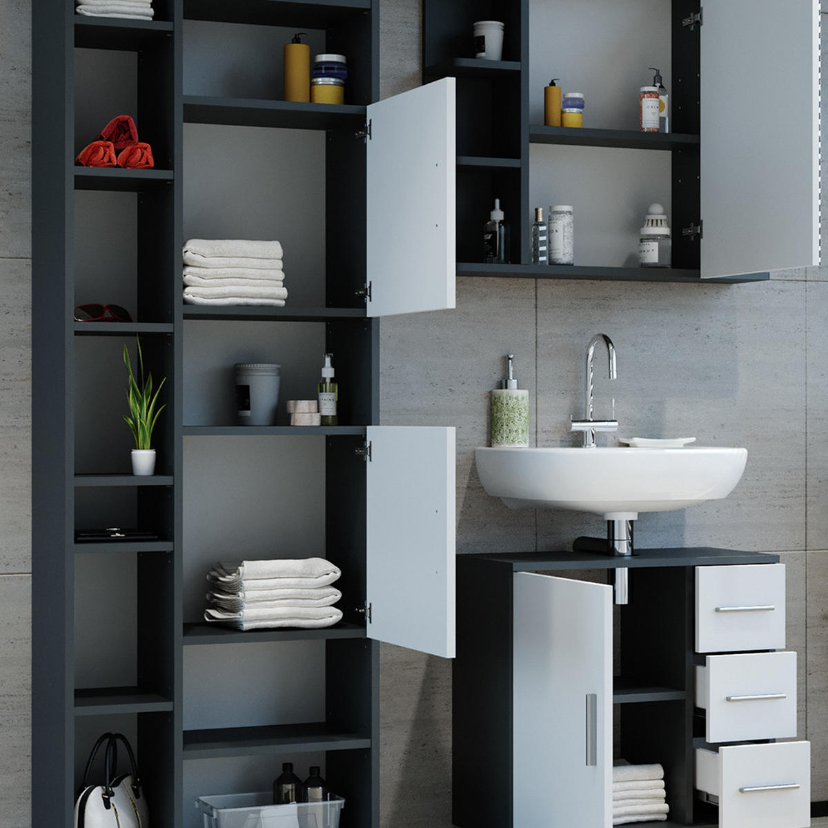 BADMÖBEL-SET Ilias Anthrazit 3 Teile, mit Unterschrank 60 cm - Anthrazit/Weiß, Holzwerkstoff (60/60.8/33cm) - Vicco