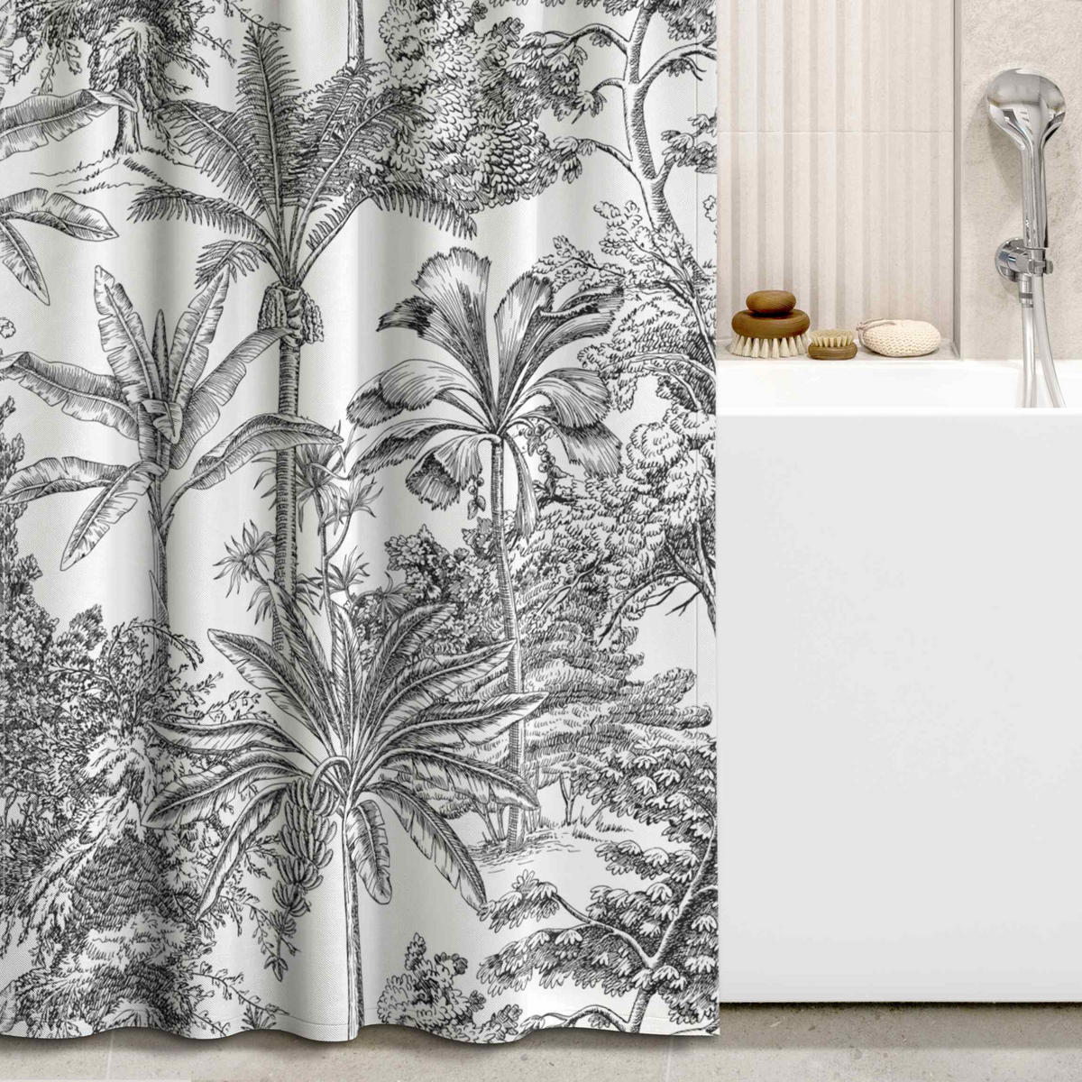 DUSCHVORHANG Kupferstichanmutung - Tropische Palmen 200/180 cm - Schwarz, Textil (200/180cm) - Bilderwelten