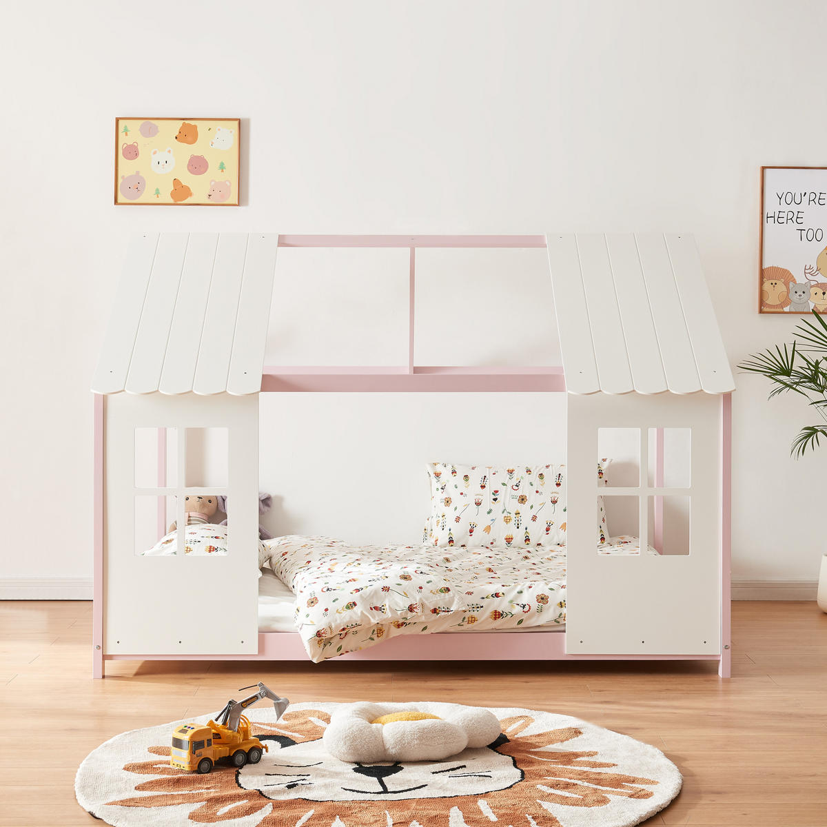 HAUSBETT Tostedt - Hellrosa/Weiß, Holz (140/200cm) - [en.casa]
